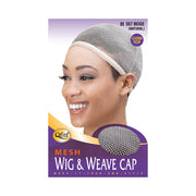 M and M mesh wig cap beige worn by smiling model closed top mesh wig and weave cap for secure styling