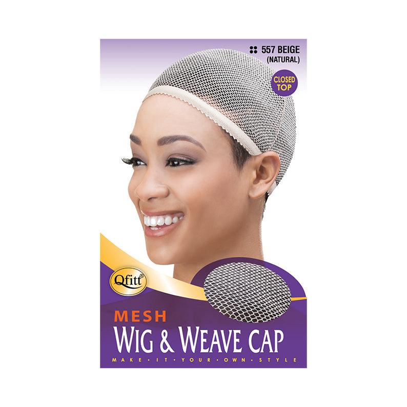 M and M mesh wig cap beige worn by smiling model closed top mesh wig and weave cap for secure styling