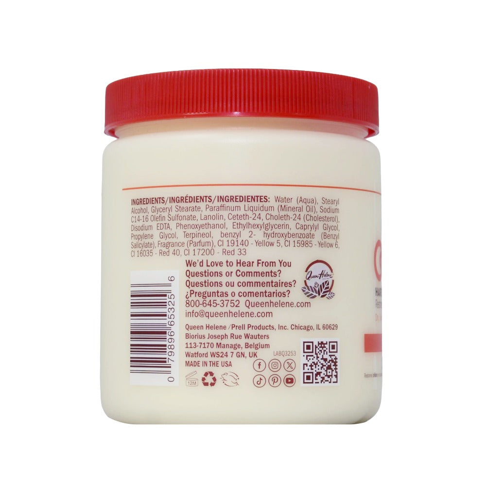 Queen Helene cholesterol hair conditioning cream jar with red lid showing ingredients label on back