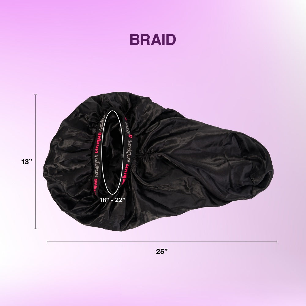 RED BEAUTY by KISS adjustable braid bonnet black satin with elastic opening shown flat 25 x 13 inches