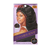 RED BEAUTY by KISS adjustable braid bonnet black satin fashion bonnet packaging with model