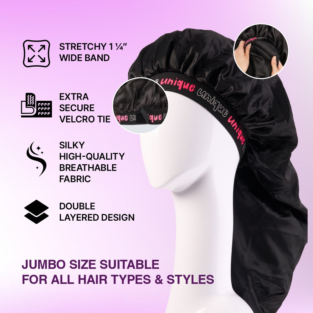 RED BEAUTY by KISS adjustable braid bonnet jumbo black silky double layered with wide band and Velcro tie