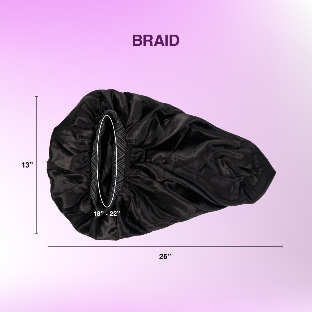 Black adjustable fashion bonnet for braids with a sleek design and versatile sizing from 18 to 22 inches.