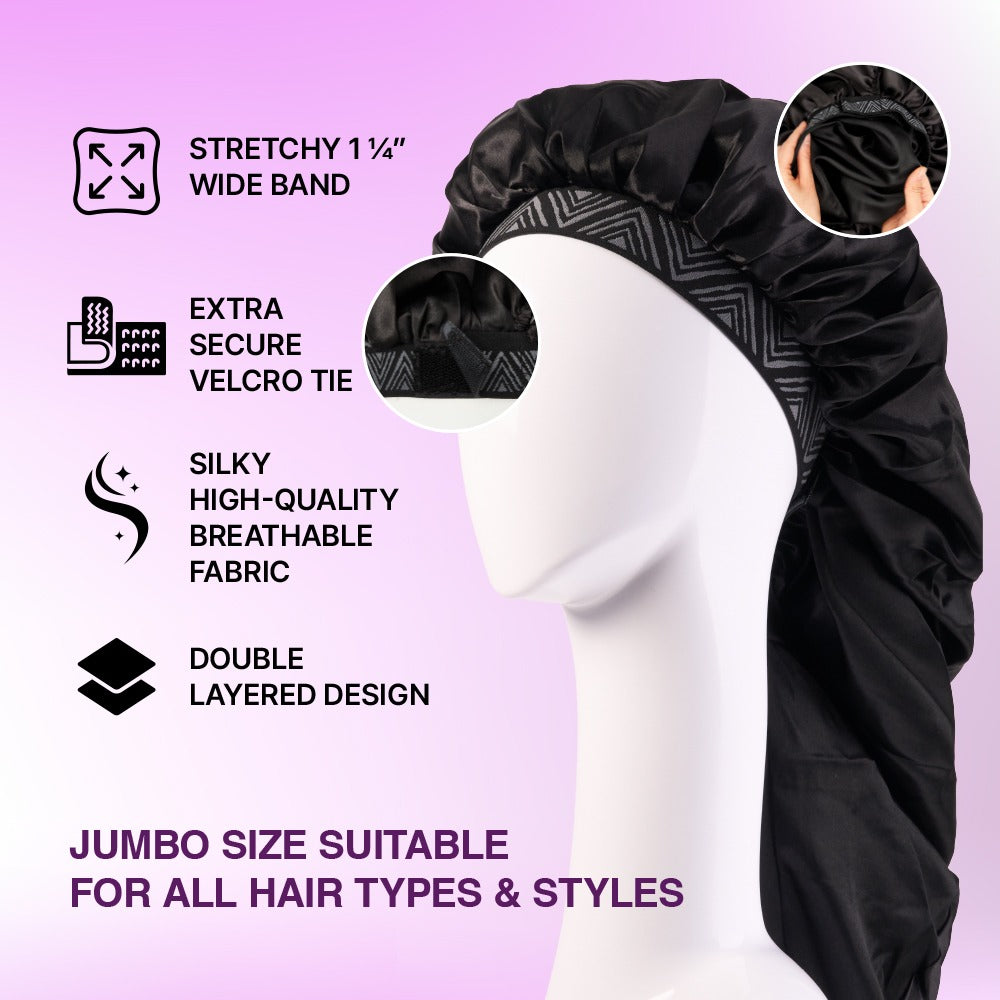 adjustable fashion bonnet for braids black jumbo satin bonnet on mannequin with wide band and velcro tie