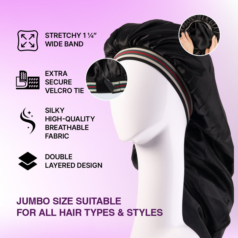 RED BEAUTY adjustable fashion bonnet for braids jumbo black satin bonnet with striped wide band and velcro tie