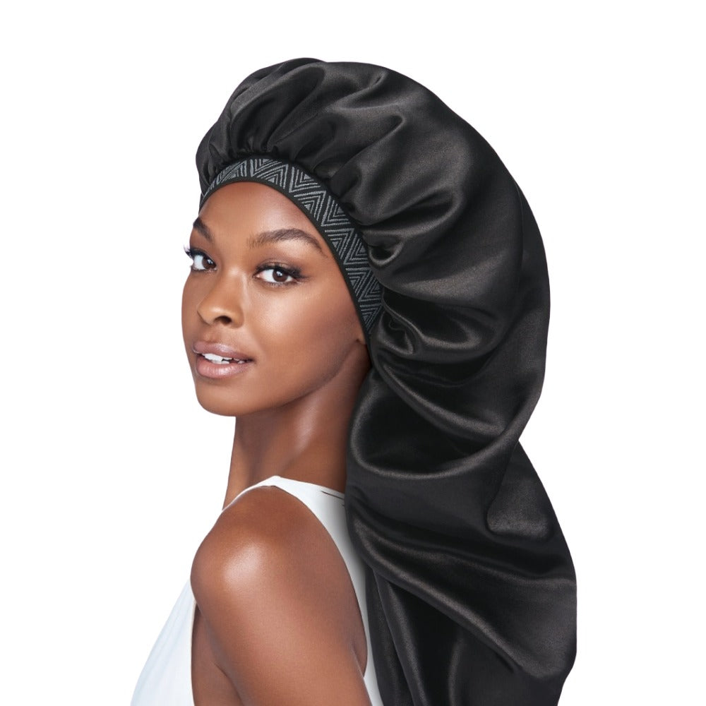RED BEAUTY by KISS long black satin bonnet with patterned elastic band adjustable fashion bonnet for braids