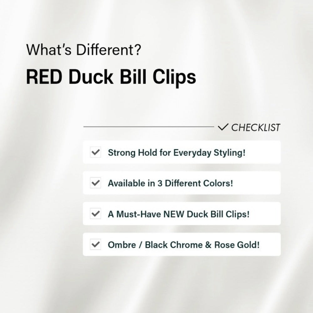 RED Duck Bill Clips checklist showing strong hold and color options including black chrome duck bill hair clips