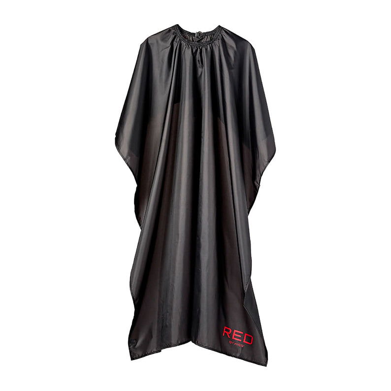 RED BEAUTY by KISS black waterproof all purpose salon cape with elastic neckline and RED logo