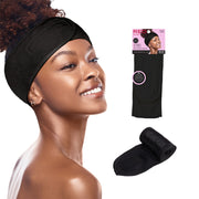 Black spa headband for hair by RED BEAUTY by KISS shown on model and packaging with rolled product