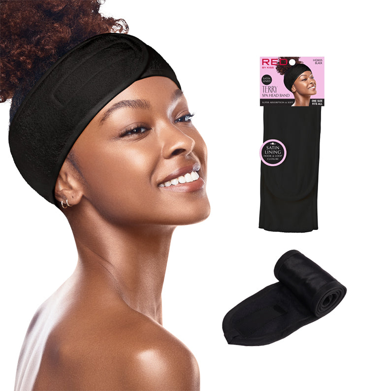 Black spa headband for hair by RED BEAUTY by KISS shown on model and packaging with rolled product