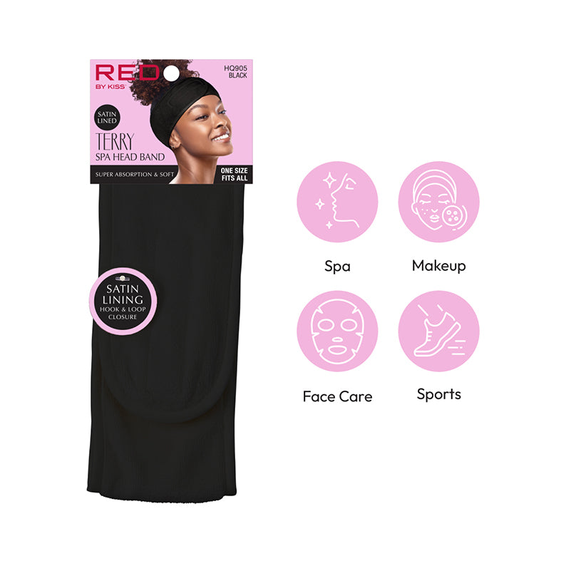 RED BEAUTY by KISS black spa headband for hair with satin lining for spa makeup face care and sports