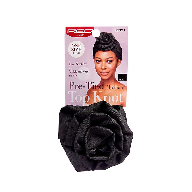 RED BEAUTY by KISS pre tied black top knot turban for women on retail card with model wearing turban