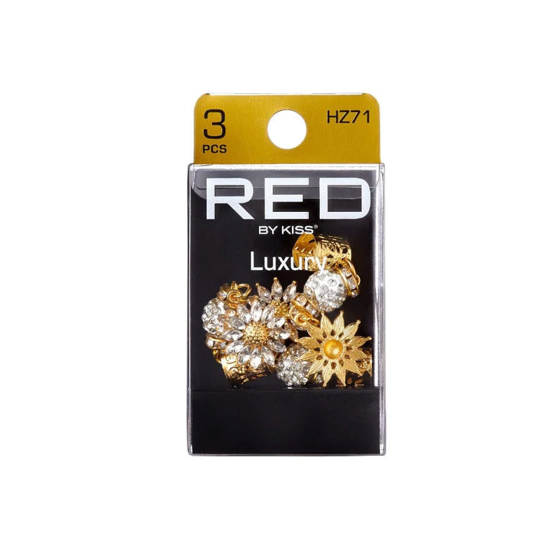 RED Beauty by KISS luxury pack of 3 gold and rhinestone braid charms for hair decorative floral beads
