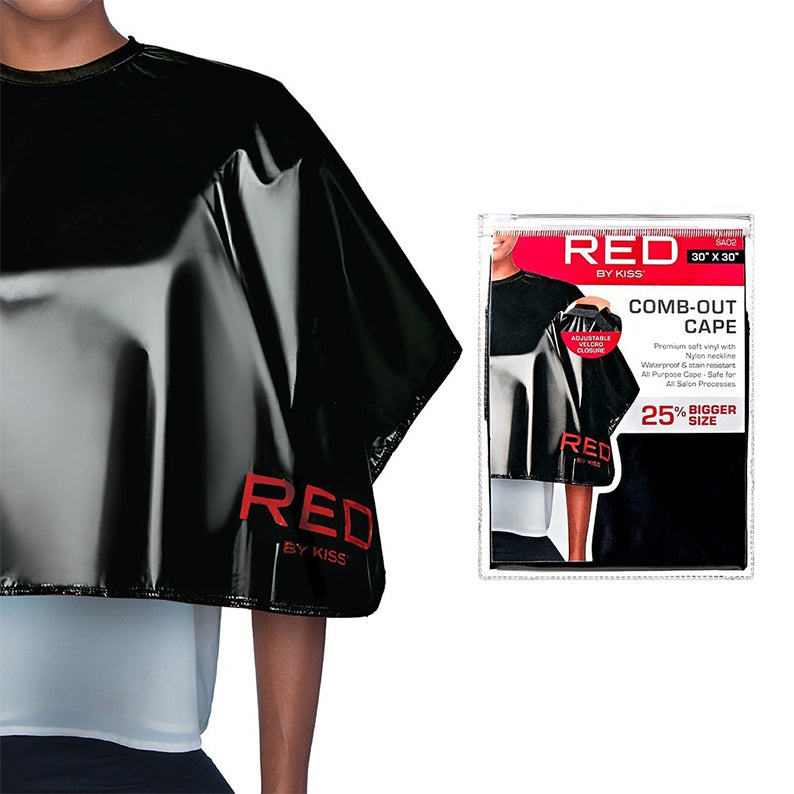 RED BEAUTY by KISS comb-out cape for hair salons glossy black waterproof 30 by 30 inch