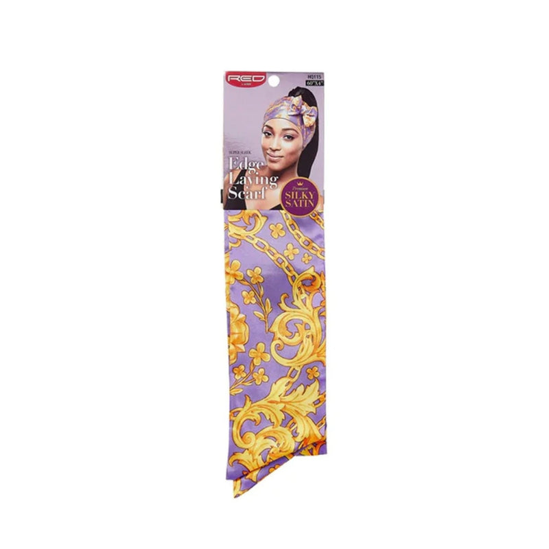 RED BEAUTY by KISS purple and gold silk satin edge laying scarf for sleek hair packaged with styling image
