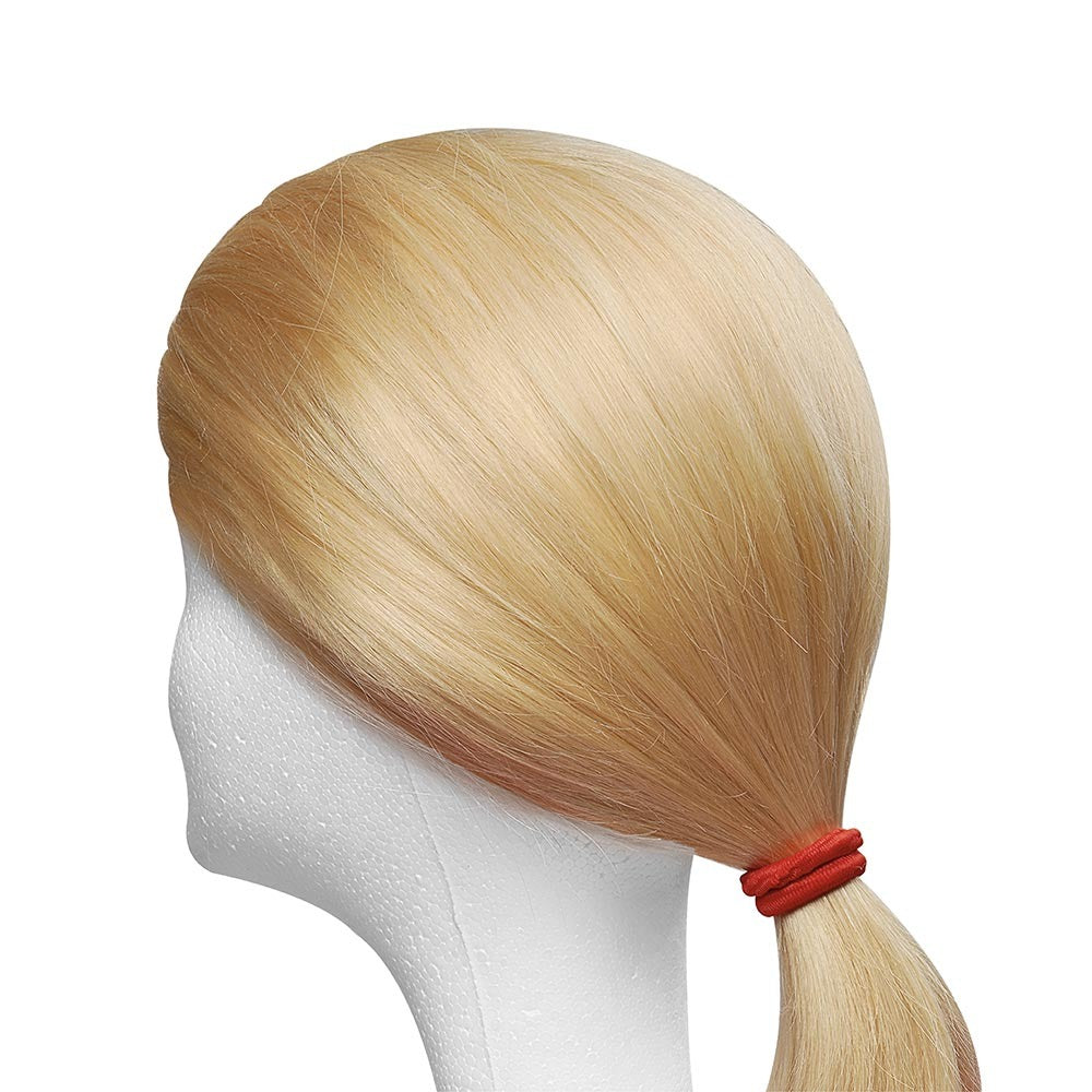 Blonde mannequin head with low ponytail secured by red elastic hair bands assorted colors for styling