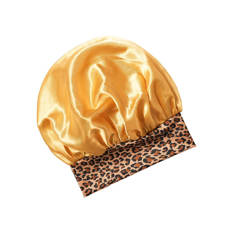 extra large silky bonnet for women in golden satin with leopard print band by RED BEAUTY by KISS