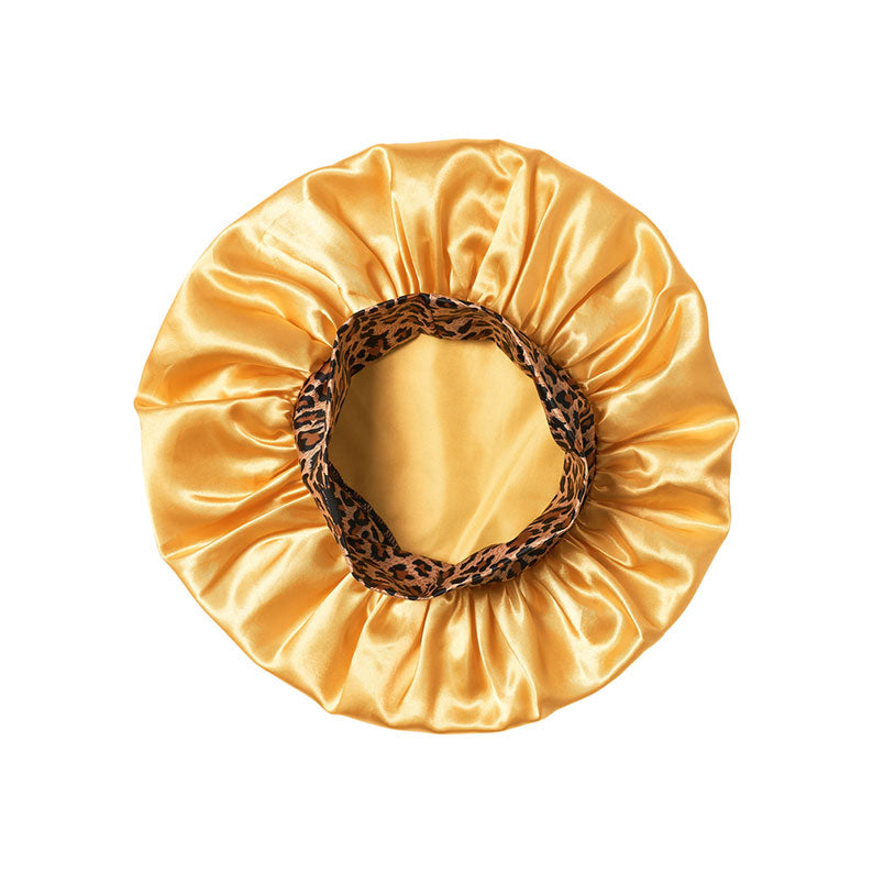 RED BEAUTY by KISS extra large silky bonnet for women in gold satin with leopard print elastic band