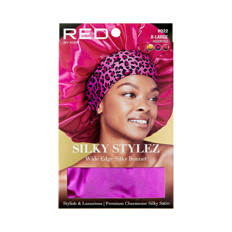 RED BEAUTY by KISS extra large silky bonnet for women pink satin wide edge with leopard print band on model