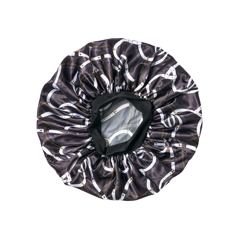 RED BEAUTY by KISS extra large silky bonnet black chain print with elastic opening for protective styling