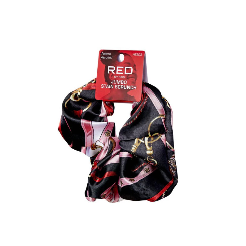 RED BEAUTY by KISS patterned black and pink jumbo satin scrunchie with gold chain print on packaging