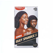 RED BEAUTY by KISS jumbo silky spandex loc cap packaging with two models wearing black stretchy loc caps