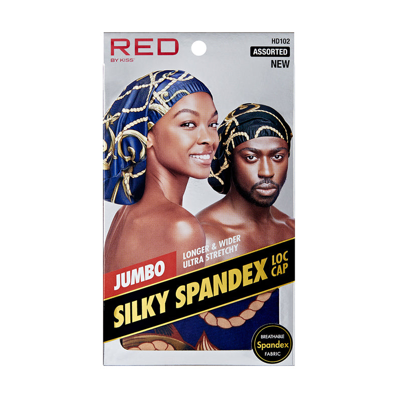 RED BEAUTY by KISS jumbo silky spandex loc cap packaging showing male and female models wearing blue patterned caps