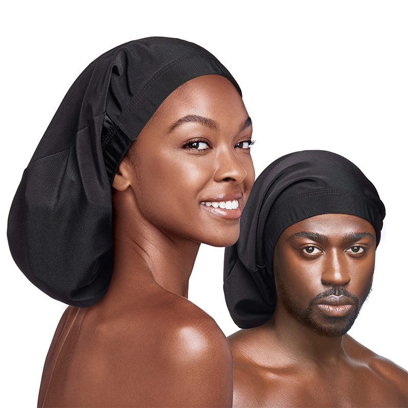 RED BEAUTY by KISS jumbo silky spandex loc cap black oversized protective sleep cap on male and female models