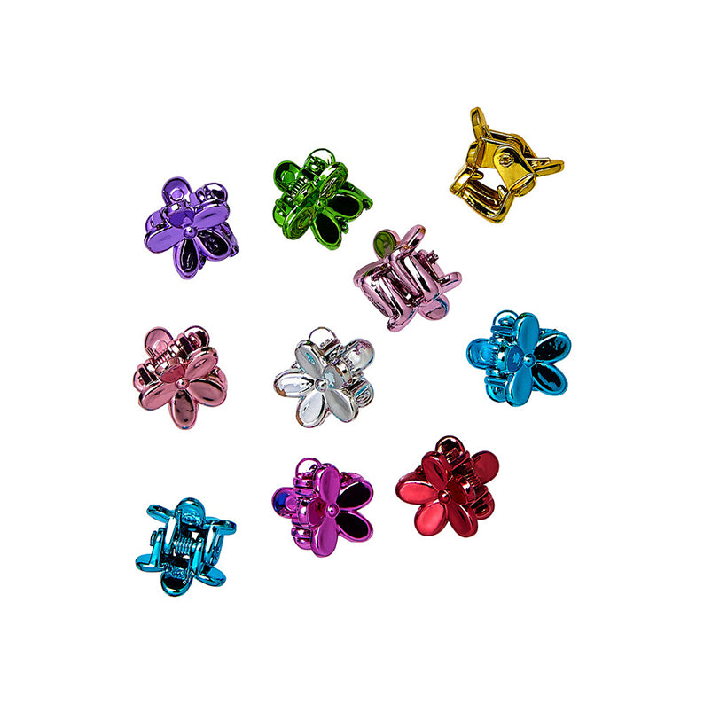 Set of 10 metallic colorful kids flower hair clips in purple green gold pink silver blue red on white