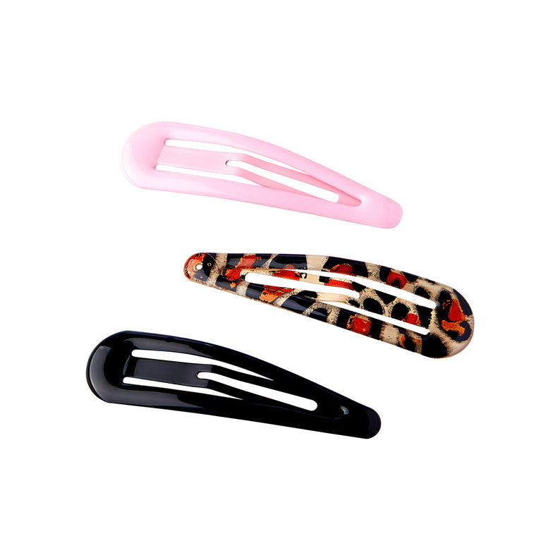 RED BEAUTY by KISS kids snap hair clips assorted colors set of three pink leopard and black clips