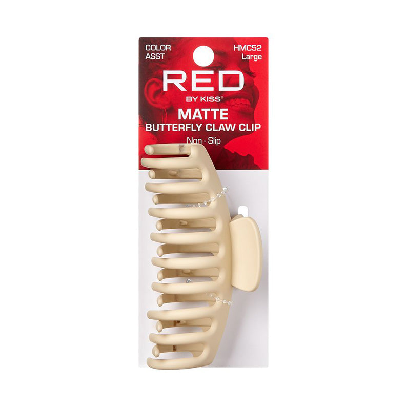 RED BEAUTY by KISS large matte butterfly claw clip beige hair clamp displayed on card