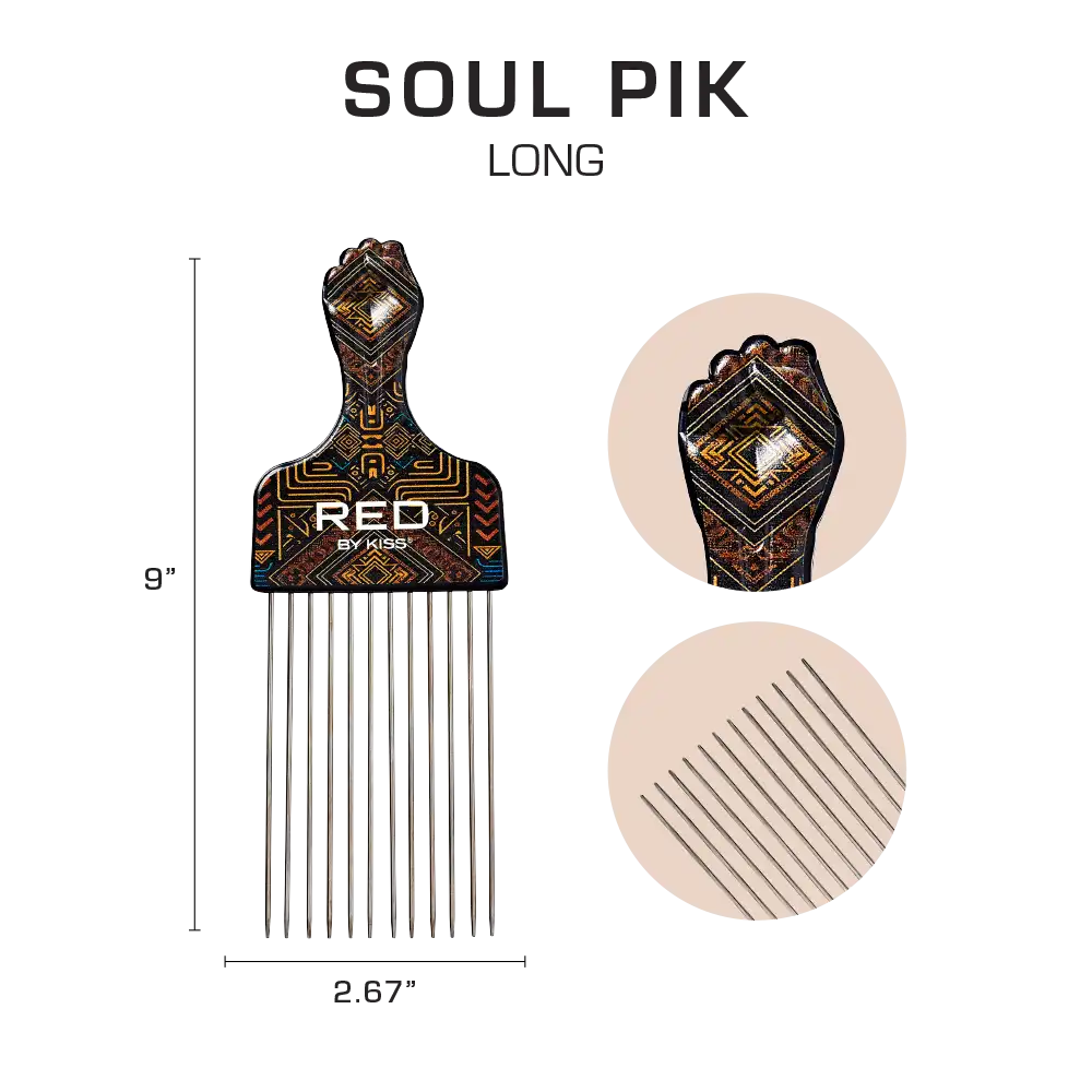 RED BEAUTY by KISS long afro pick comb with geometric patterned handle and stainless steel teeth