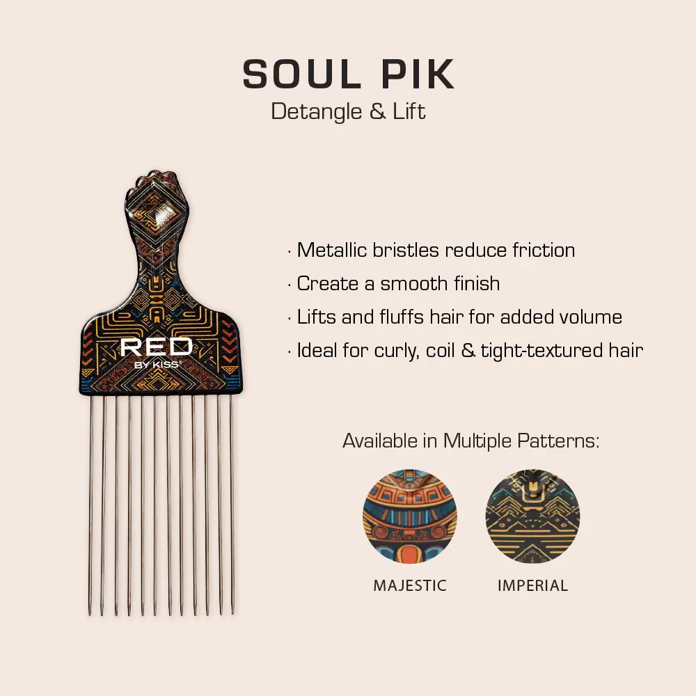 RED BEAUTY Soul Pik patterned handle long afro pick comb with metallic bristles for detangling and volume