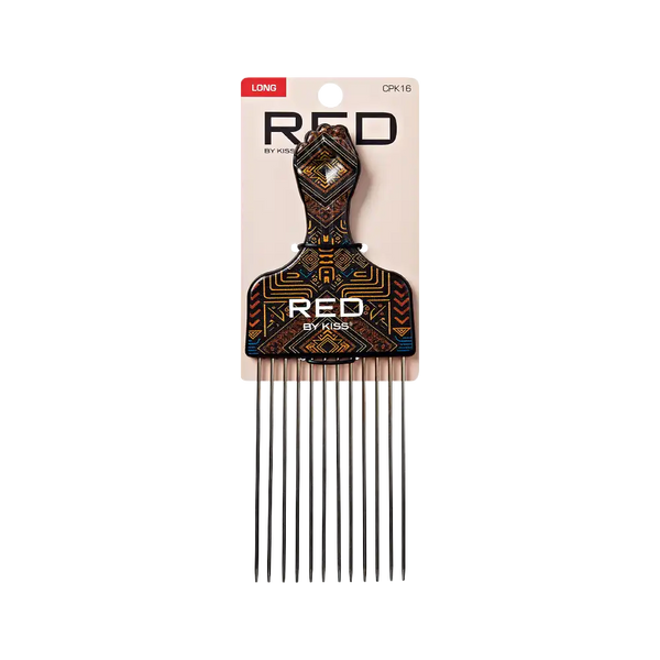 RED BEAUTY by KISS long afro pick comb with patterned tribal handle and long metal teeth for styling