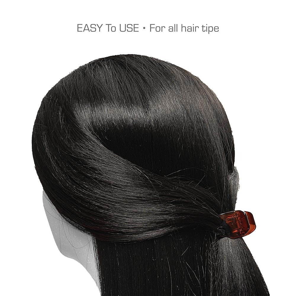 RED BEAUTY by KISS mini hair claw clips set shown holding glossy black hair in low twisted style