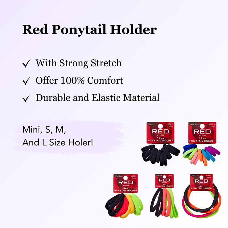 RED BEAUTY by KISS mini ponytail holders assorted colors displayed in packs showing black and neon elastics