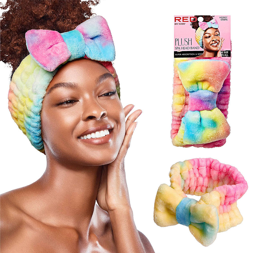 RED BEAUTY by KISS plush spa headband rainbow soft bow elastic microfiber for skincare and makeup