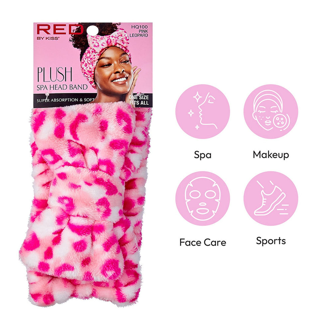 RED BEAUTY by KISS pink leopard plush spa headband packaging for spa makeup face care and sports