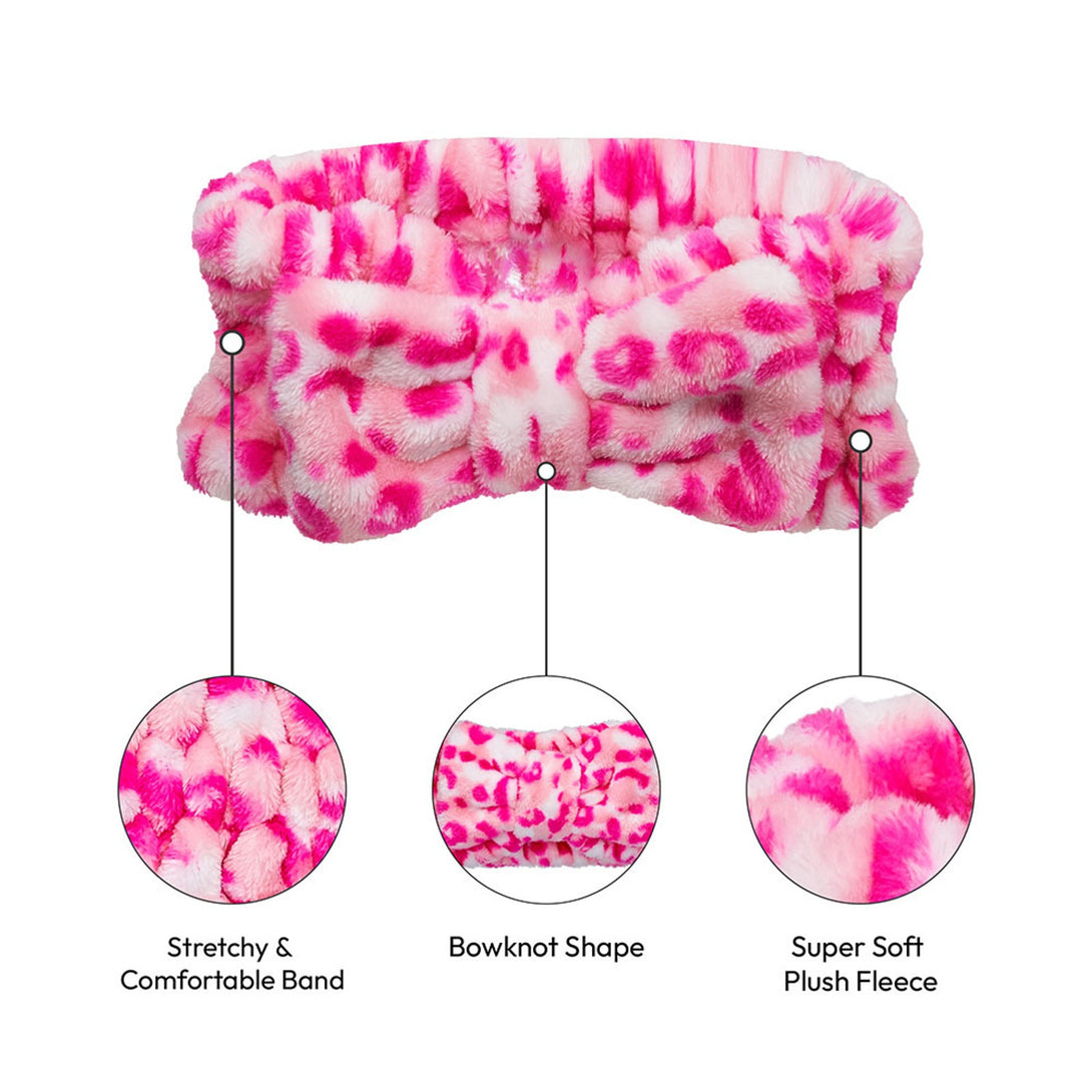 RED BEAUTY by KISS plush spa headband pink leopard print bowknot super soft plush fleece with stretchy band