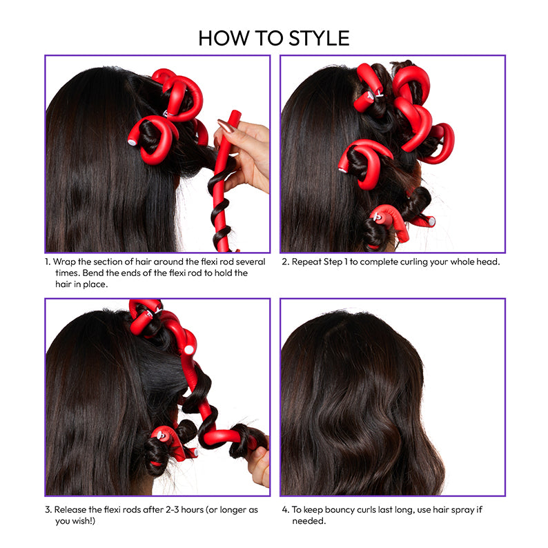 How to style sequence showing steps using purple flexi rods for hair curling on long dark hair to create soft waves