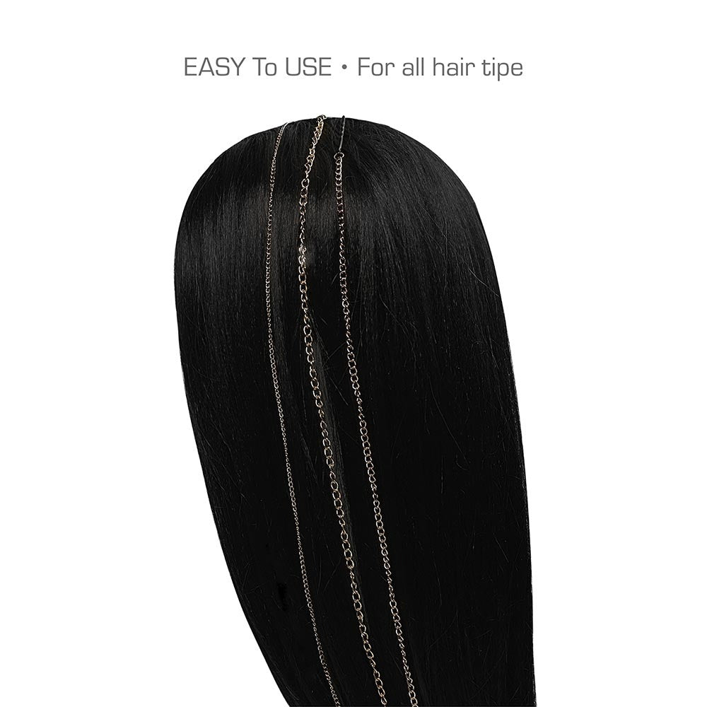 rhinestone chain hair pins draped on long sleek black hair showing silver chains for elegant styling