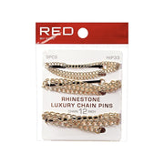 RED BEAUTY by KISS gold luxury chain hair pins set on retail card featuring rhinestone chain hair pins 3 pack