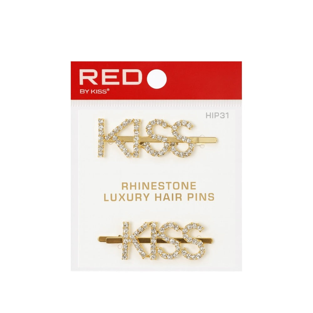 RED BEAUTY by KISS gold KISS rhinestone letter bob pins set of two on card luxury hair accessories