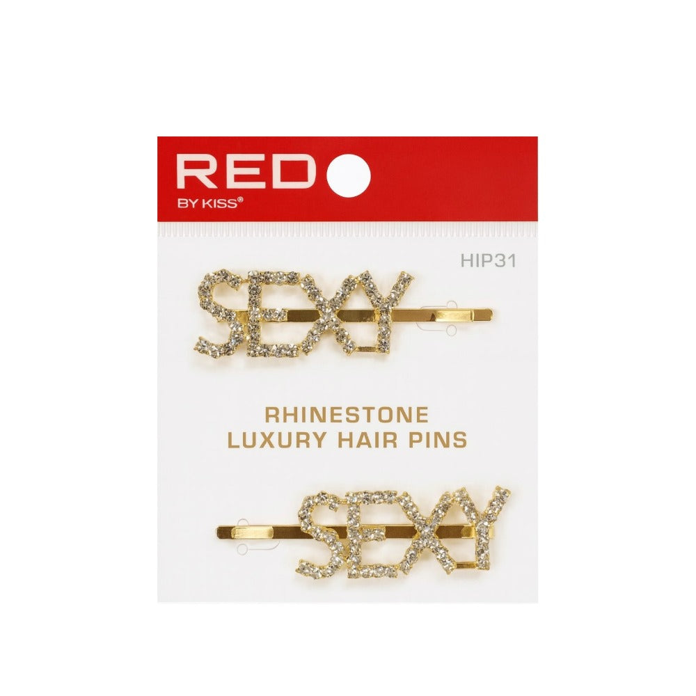 RED BEAUTY by KISS gold rhinestone letter bob pins spelling SEXY on white display card