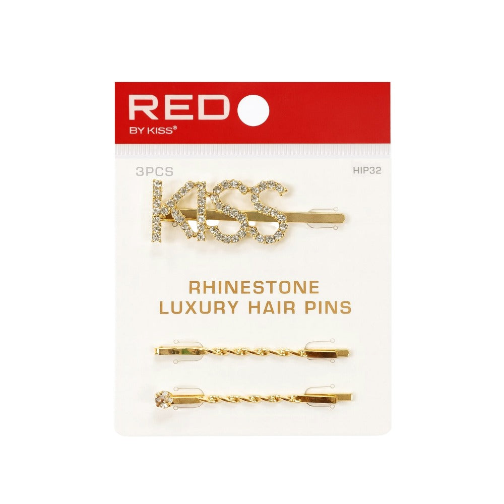 RED BEAUTY by KISS gold bobby pins set with KISS rhinestone letter hair pins and two twisted gold pins