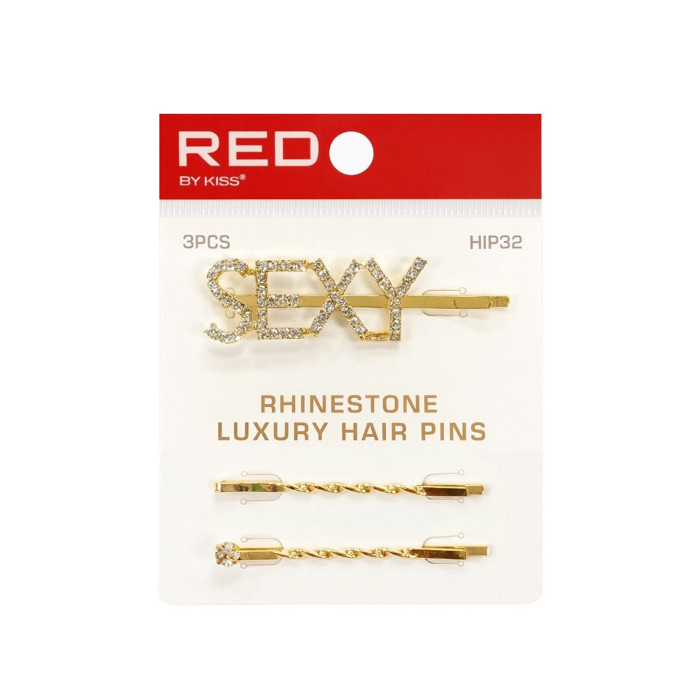 RED BEAUTY by KISS rhinestone letter hair pins set gold SEXY rhinestone clip with two twisted gold bobby pins