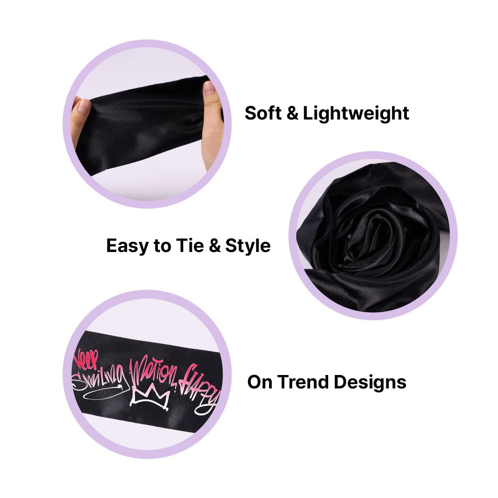 RED BEAUTY by KISS black satin edge scarf for hair soft lightweight scarf with pink script design