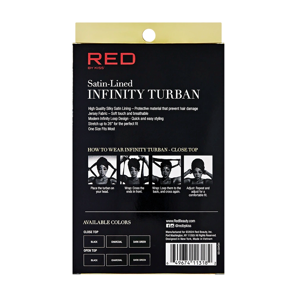 RED by KISS satin lined infinity turban packaging back showing product name instructions and color options