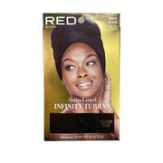 RED BEAUTY by KISS satin lined infinity turban black close top packaging showing smiling model