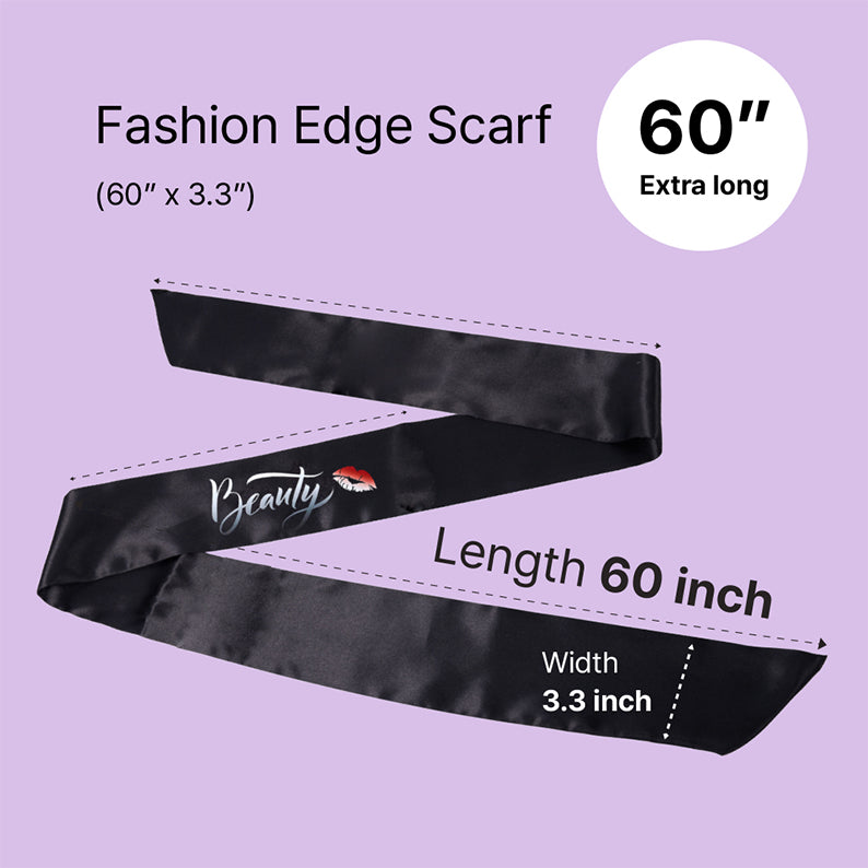 RED BEAUTY by KISS silky satin edge scarf black 60 inch long 3.3 inch width with Beauty logo and lip print